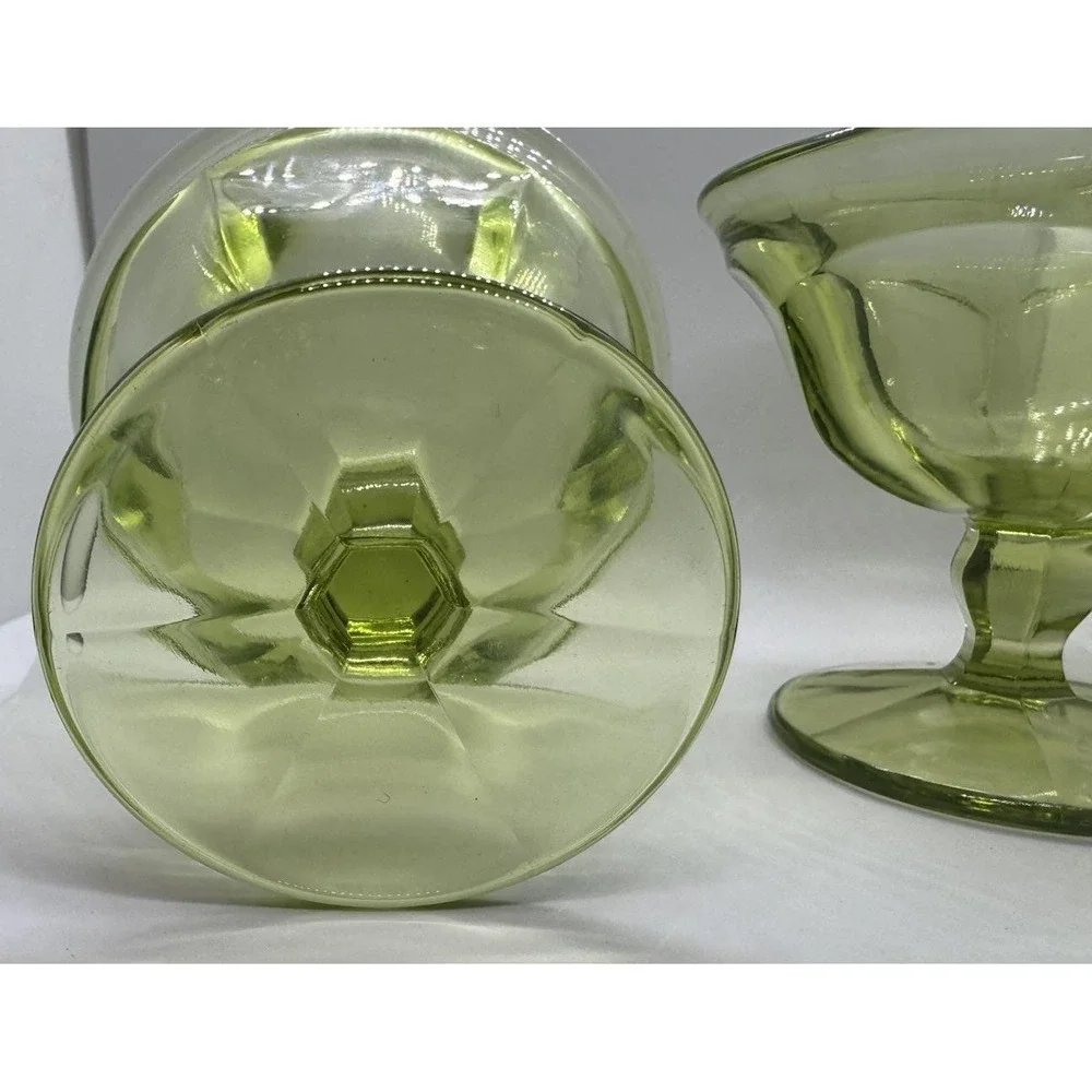 Vintage Pair Green Depression Cup Sherbet Glass Dish Hex Footed Anchor Hocking